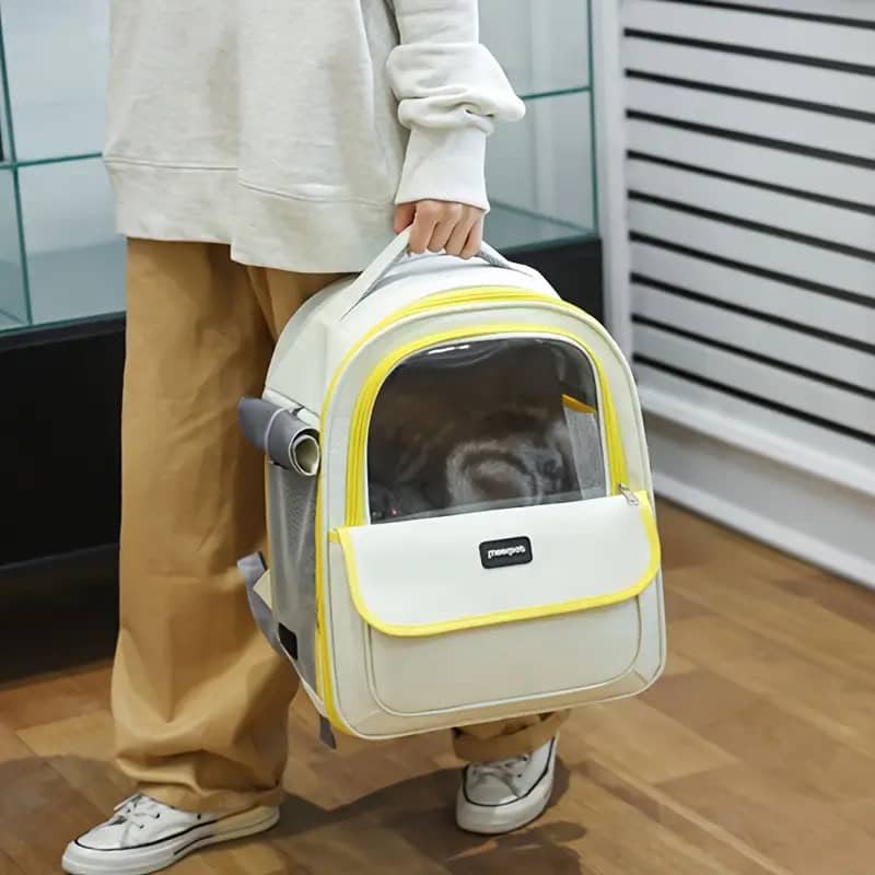 Premium Expandable Pet Carrier Backpack with Transparent Window &amp; Breathable Mesh – Yellow &amp; White